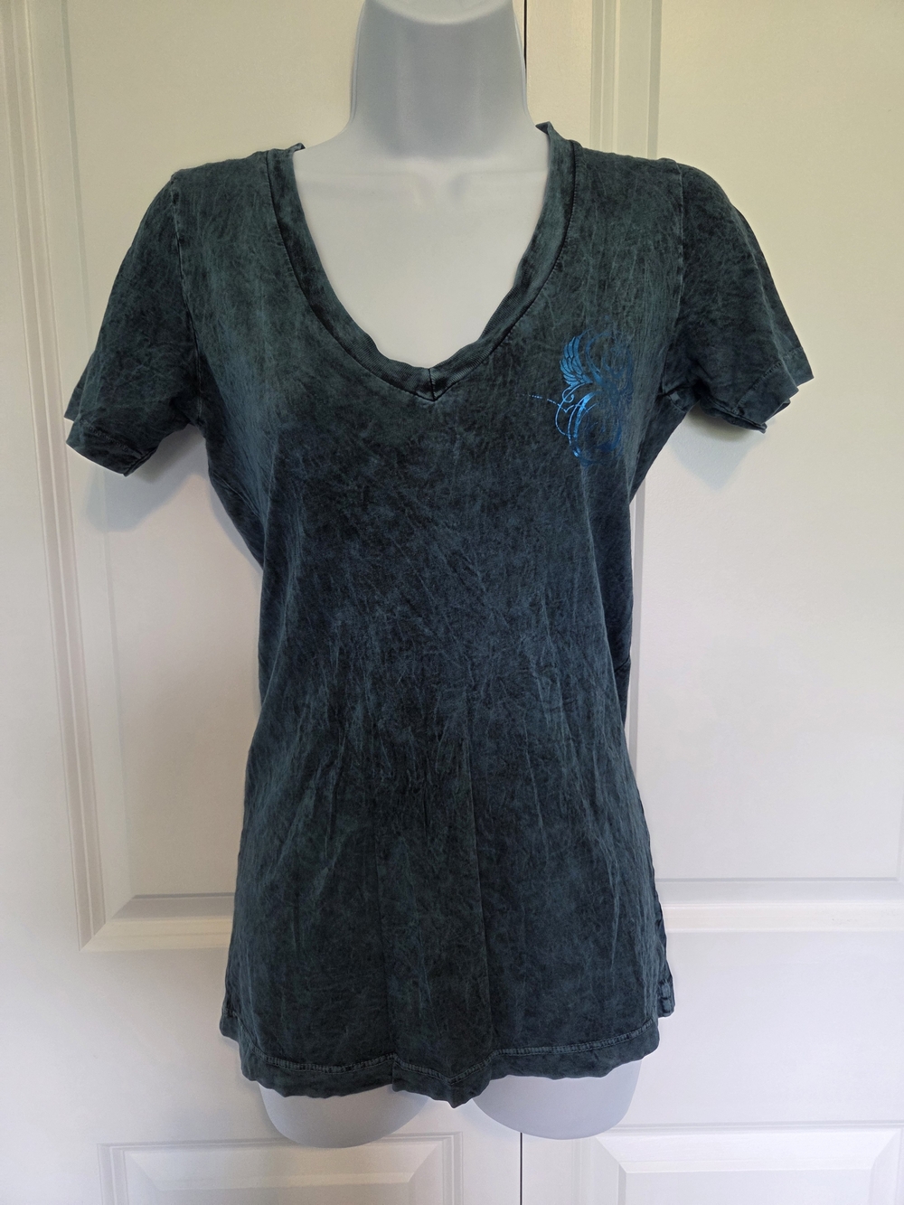 Sinful Teal V-Neck Tee - Rhinestone Wings